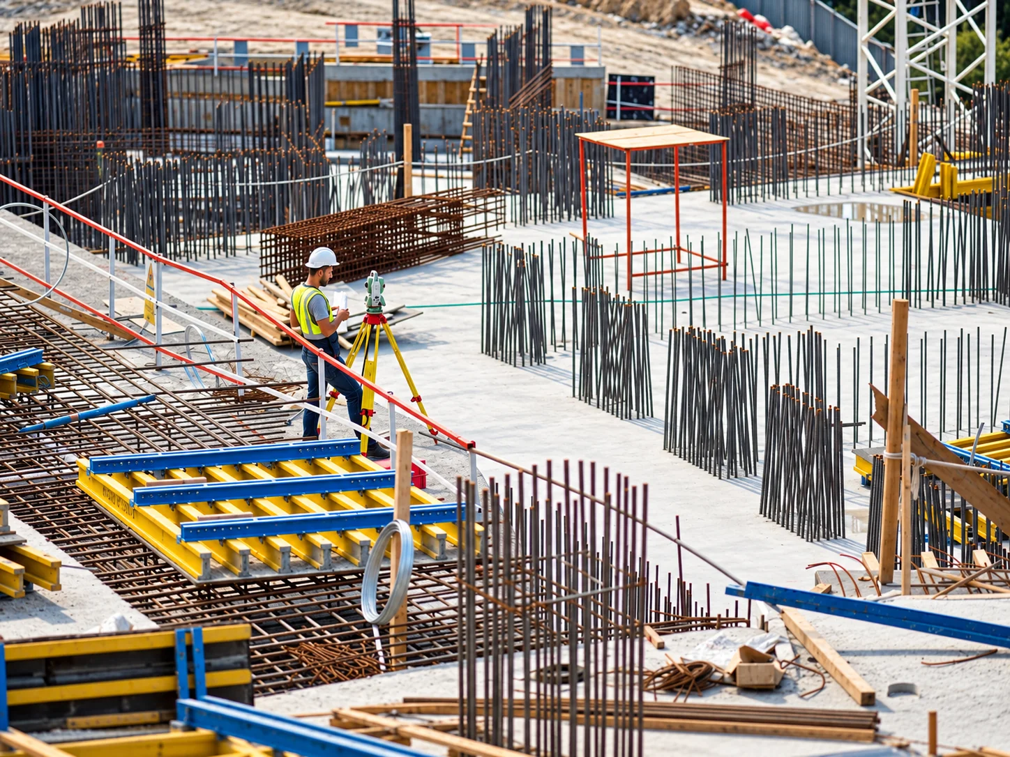 Site surveyor coordinating construction layout